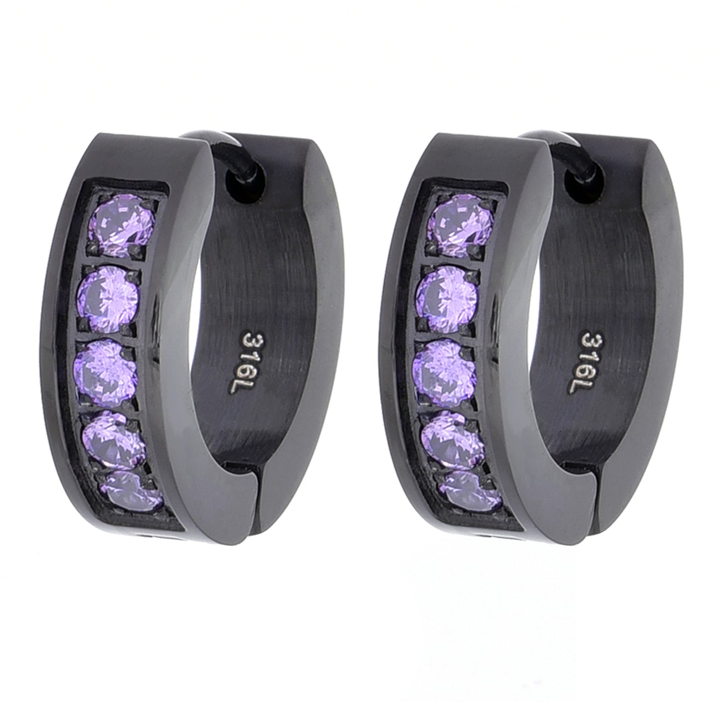 Truelements レディースピアス ブラックステンレス フープピアス パープルジルコニア5石 シンプルでエレガントなデザイン 金属アレルギー対応