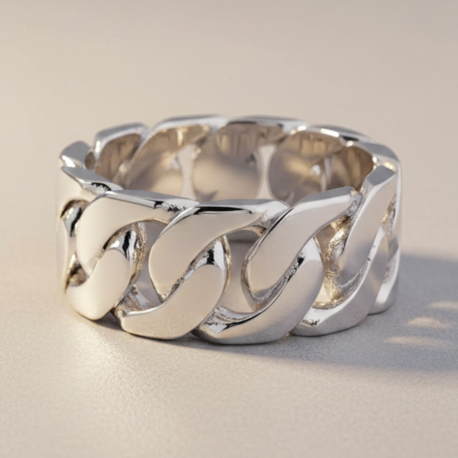 Truelements Jewelry men's wide sterling silver 925 ring featuring a polished mirror-finish curb chain design.