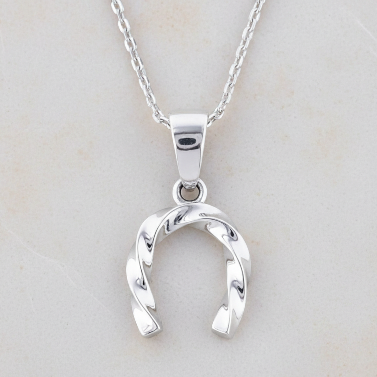 Truelements Jewelry sterling silver horseshoe necklace with a polished twisted design on a delicate chain