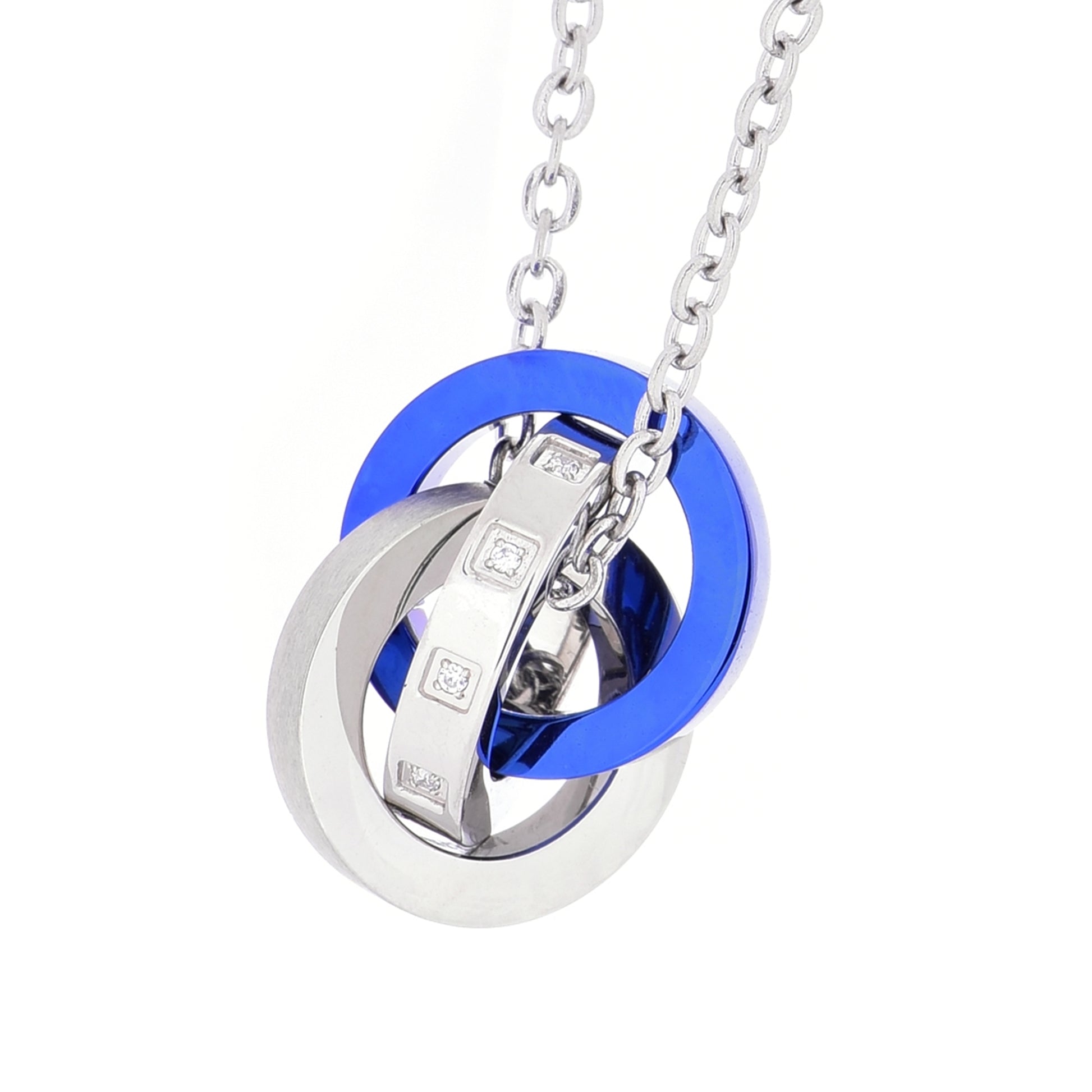 Truelements メンズ ネックレス 3連リング サージカルステンレス 316L 金属アレルギー対応 ブルー ペンダントトップ クリア ジルコニア フロント画像