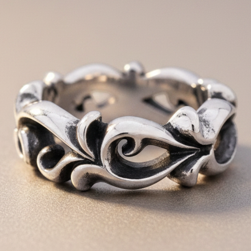 Truelements Jewelry men's 9mm wide sterling silver 925 ring featuring intricate openwork arabesque scroll patterns.