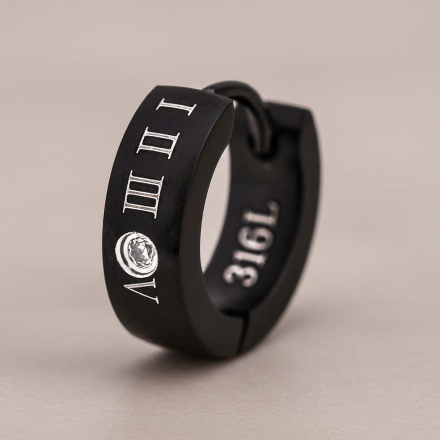 Truelements (トルゥーエレメント) ユニセックス フープピアス 316L ローマ数字 ブラック ジルコニア 片耳用 1個売り (TEEST-0033)