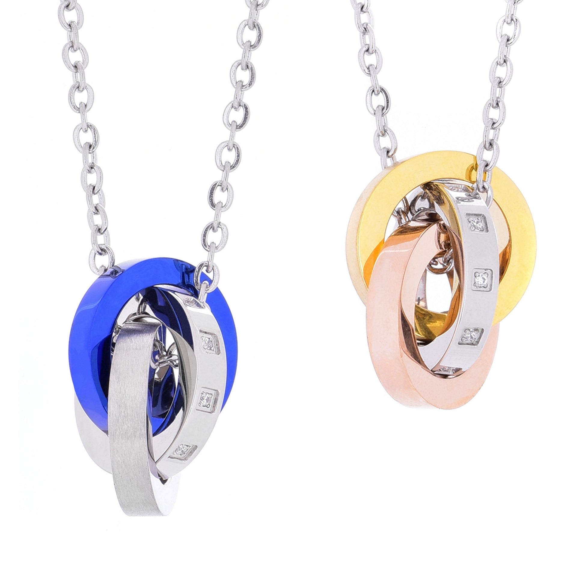 Truelements ネックレス 3連リング サージカルステンレス 316L 金属アレルギー対応 ブルー ペンダントトップ クリア ジルコニア ペアオプション