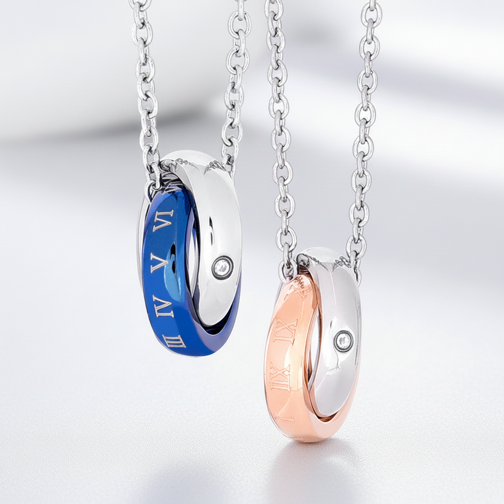 Truelements ペアネックレス ローマ数字 サークルネックレス ブルー ローズゴールド ジルコニア付き ステンレス製