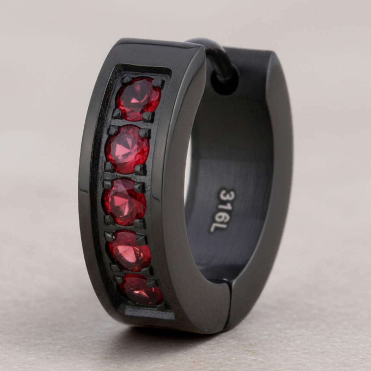 Truelements Jewelry black surgical stainless steel hoop earring featuring a row of 2mm red crystal glass stones.