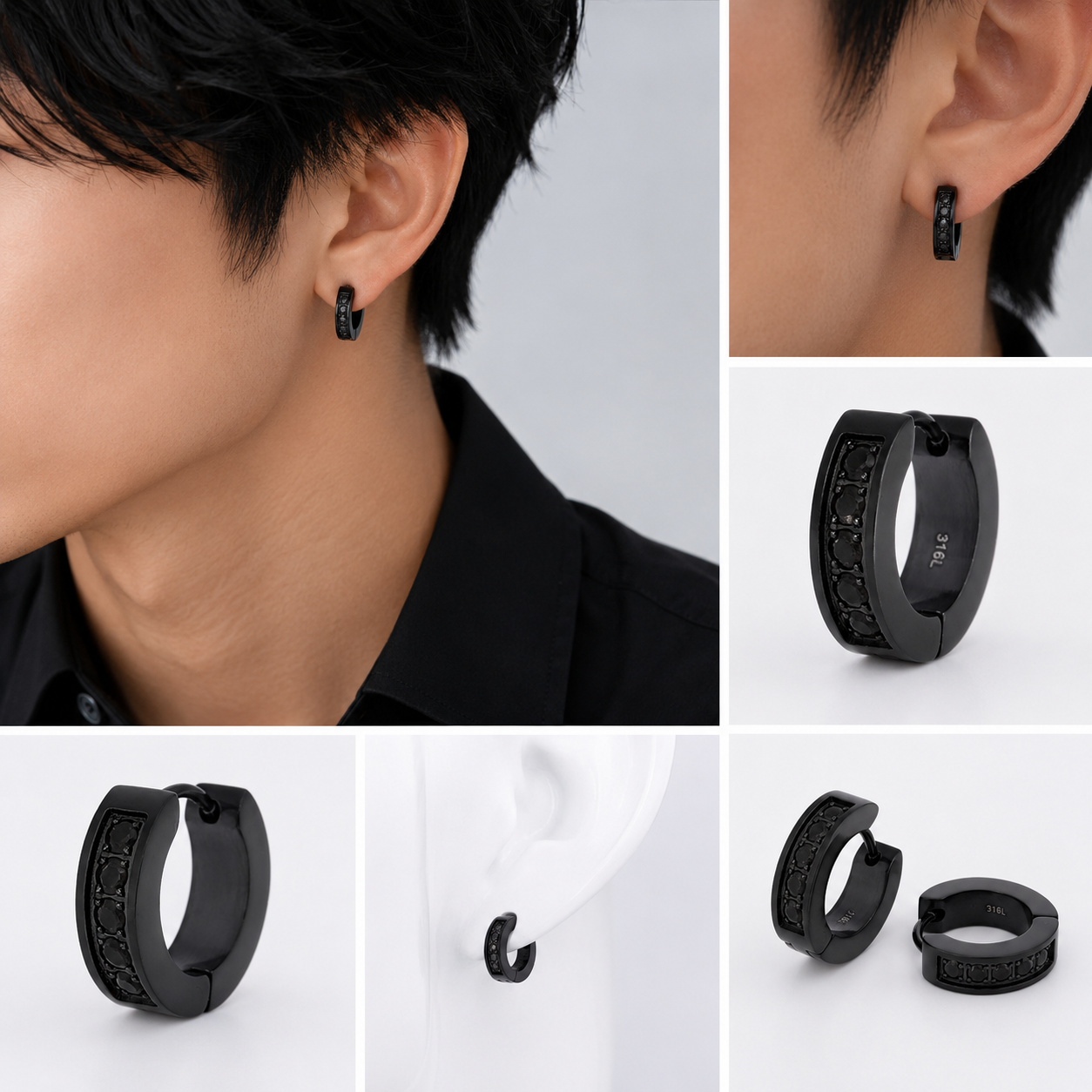 メンズ ブラック フープピアス 2mmブラックジルコニア 片耳 着用イメージ 3