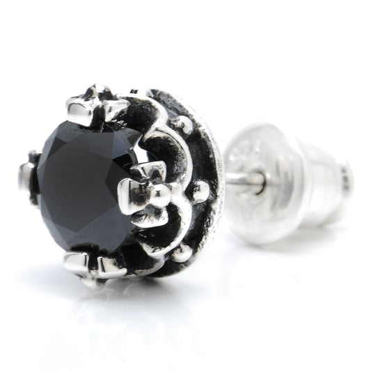 メンズ シルバー925 ブラックジルコニア 6mm クラウン スタッドピアス 斜め正面