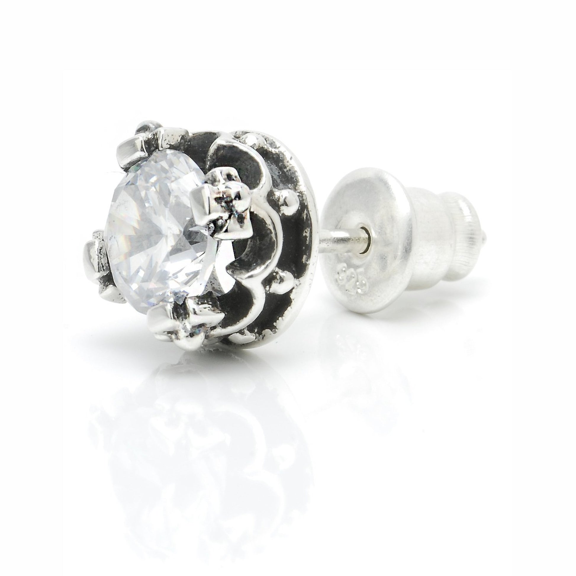 メンズ シルバー925 クリアジルコニア 6mm クラウン スタッドピアス 斜め正面