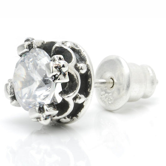メンズ シルバー925 クリアジルコニア 6mm クラウン スタッドピアス 斜め正面