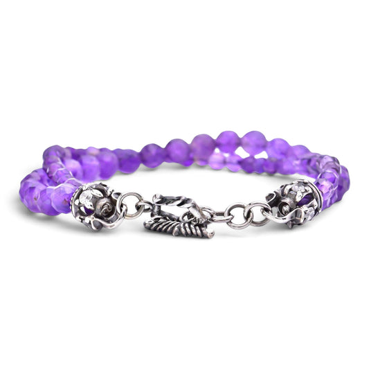 Truelements Jewelry men's bracelet featuring 6mm and 4mm natural amethyst beads, purple zirconia, and oxidized silver.