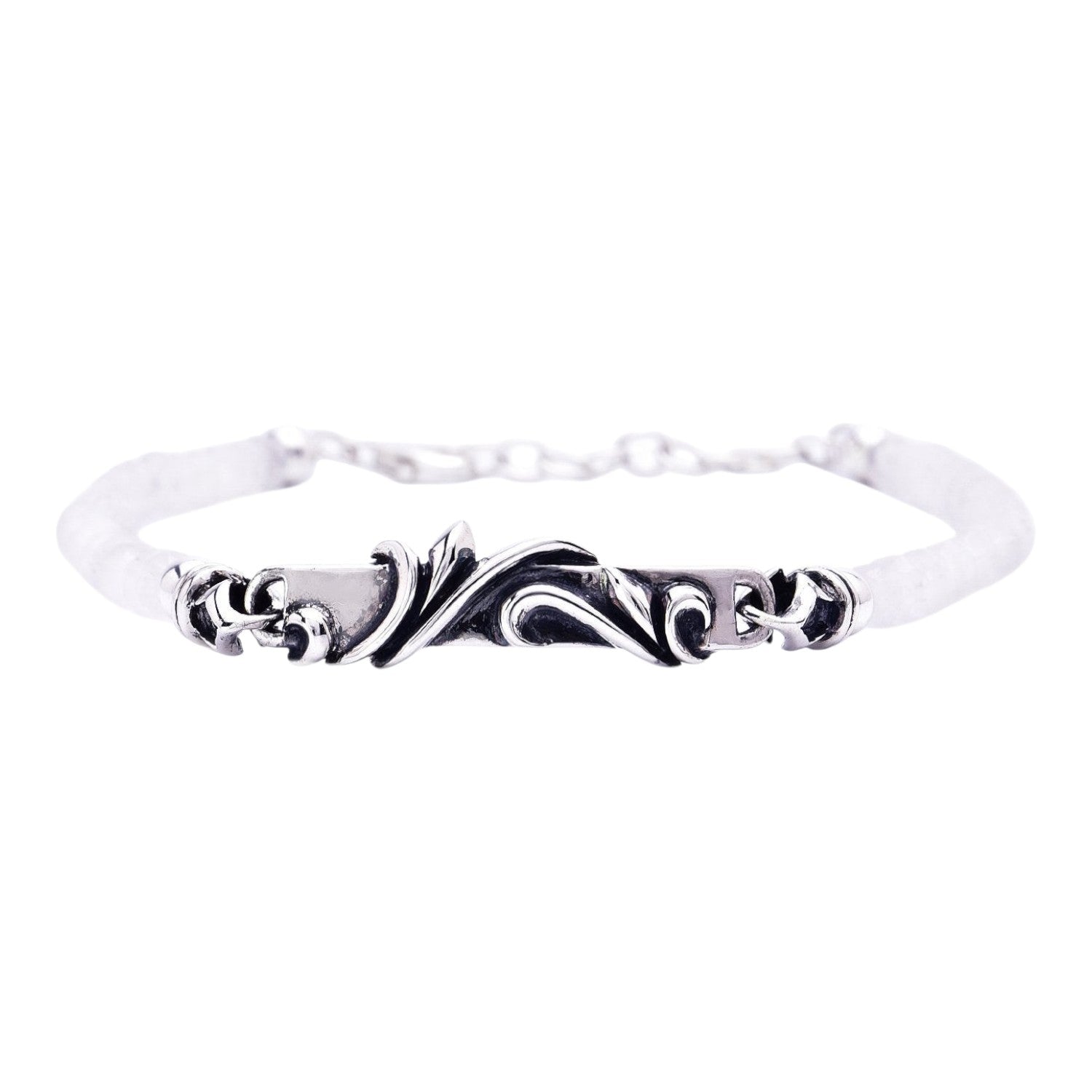 Truelements Jewelry sterling silver bracelet featuring an arabesque design and 4mm rainbow moonstone beads.