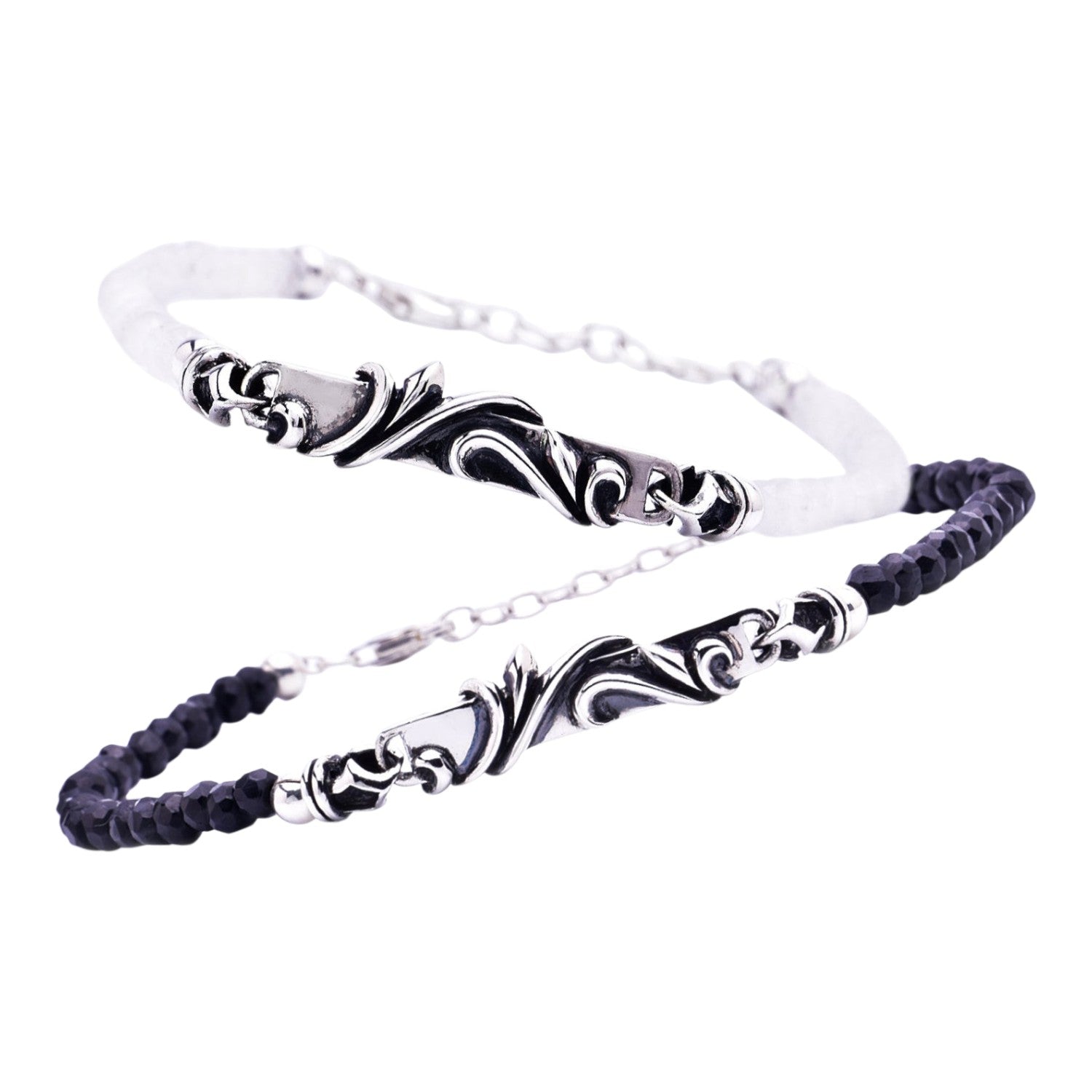 Truelements Jewelry sterling silver bracelet with arabesque design and rainbow moonstone beads, adjustable length.