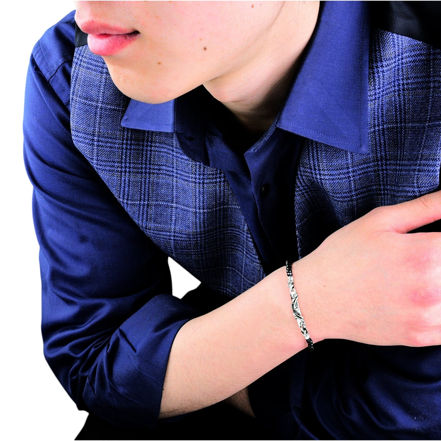 Truelements Jewelry men's bracelet featuring 4mm black spinel beads and an oxidized sterling silver arabesque charm.