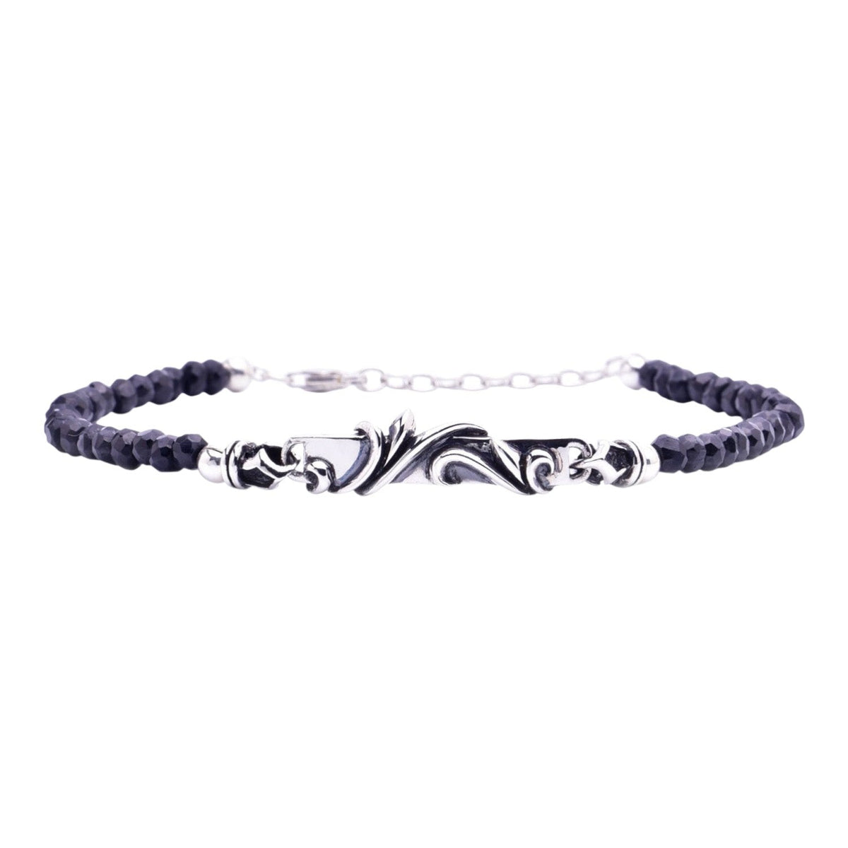 Truelements Jewelry men's bracelet featuring 4mm black spinel beads and an oxidized sterling silver arabesque plate.