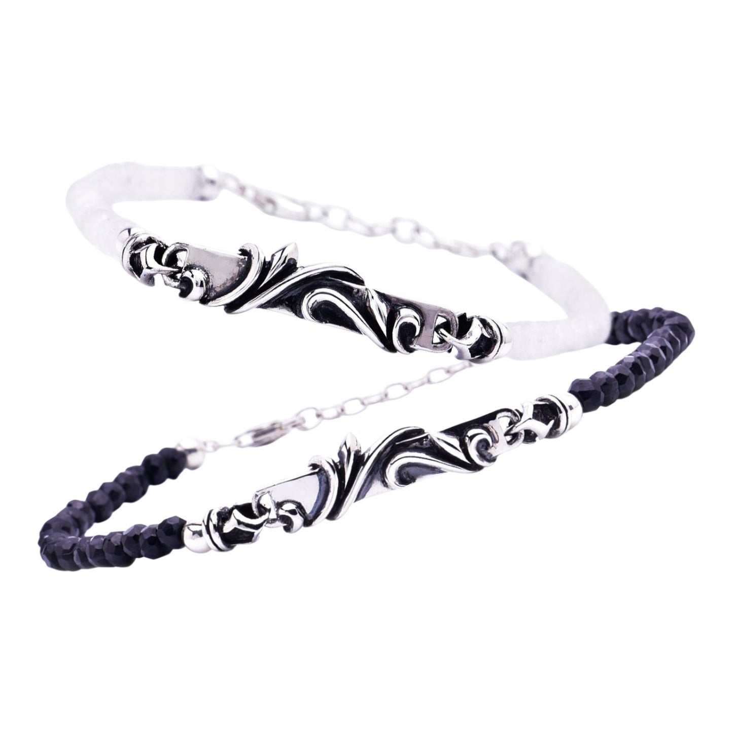 Truelements Jewelry men's bracelet featuring black spinel beads and oxidized sterling silver arabesque metal plates.