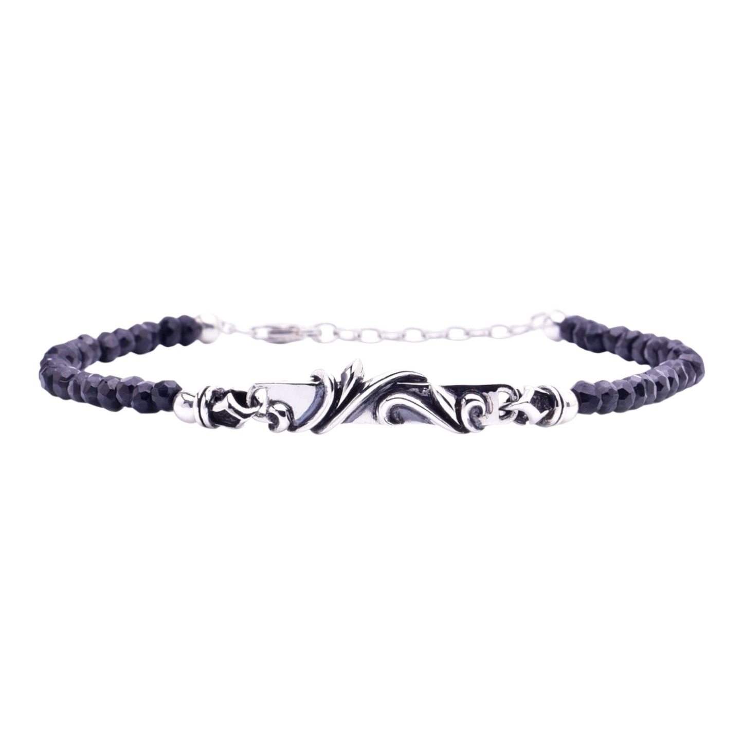 Truelements Jewelry men's bracelet featuring 4mm black spinel beads and an oxidized sterling silver arabesque plate.