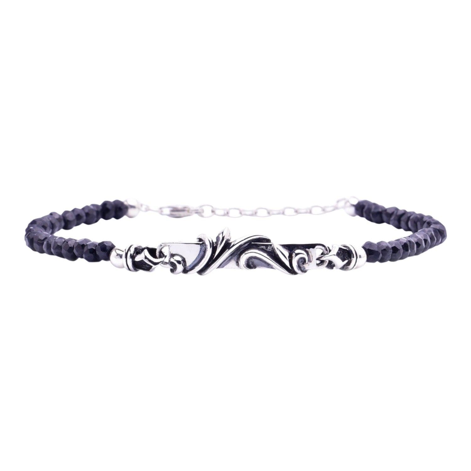 Truelements Jewelry men's bracelet featuring 4mm black spinel beads and an oxidized sterling silver arabesque plate.