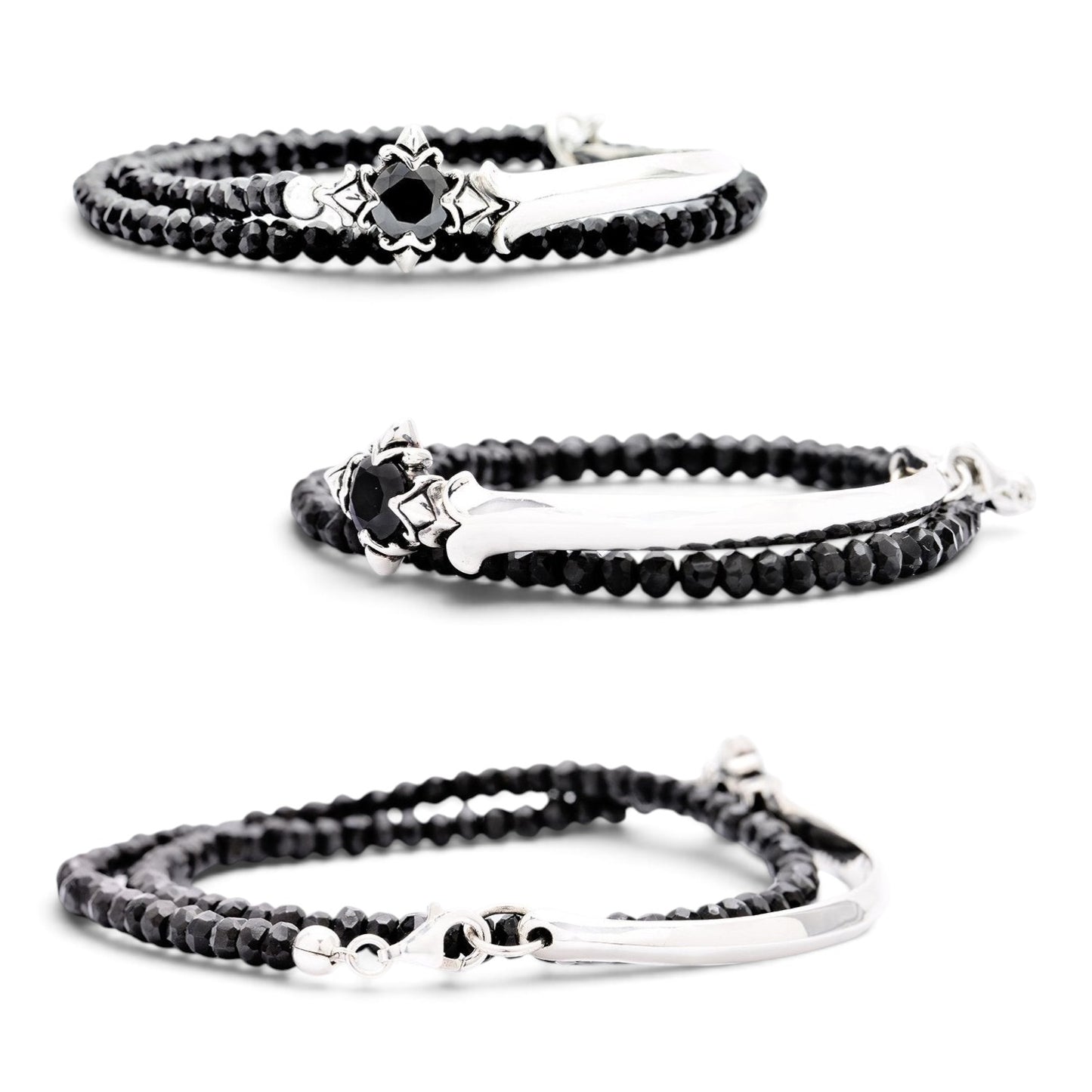 Truelements Jewelry men's bracelet featuring 4mm black spinel beads, a silver 925 cross, and black cubic zirconia.