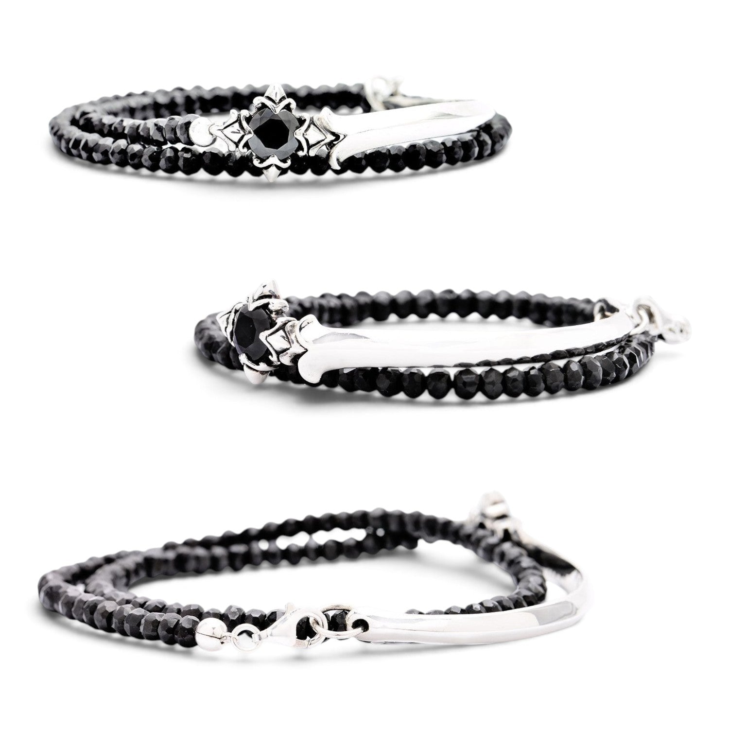 Truelements Jewelry men's bracelet featuring 4mm black spinel beads, a silver 925 cross, and black cubic zirconia.