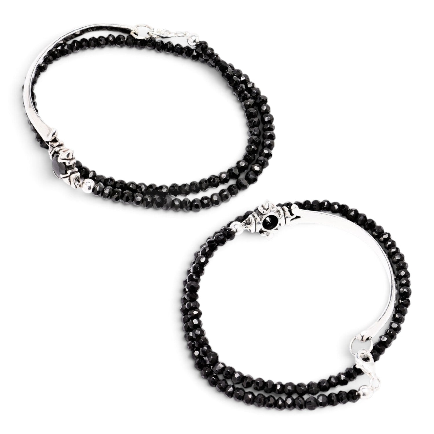 Truelements Jewelry men's bracelet featuring 4mm black spinel beads, oxidized silver 925, and a black zirconia cross.