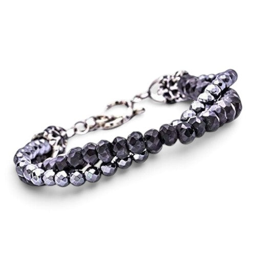 Truelements Jewelry men's bracelet featuring faceted black spinel, hematite beads, and oxidized sterling silver accents.