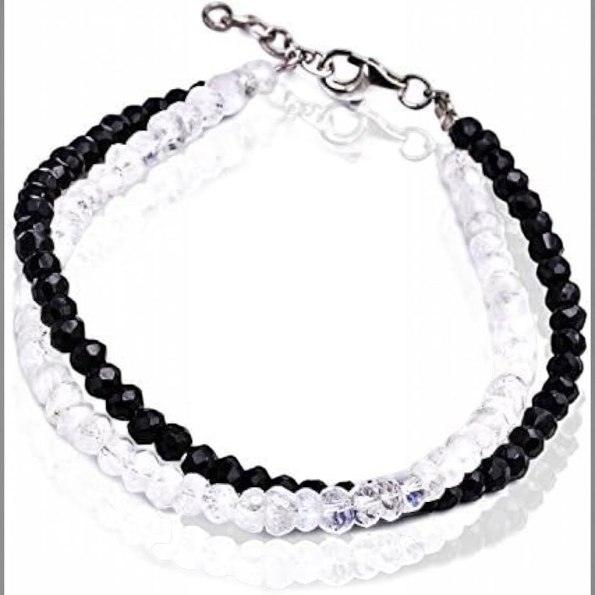 Truelements Jewelry couple pair bracelets featuring 4mm black spinel and blue moonstone beads with sterling silver 925