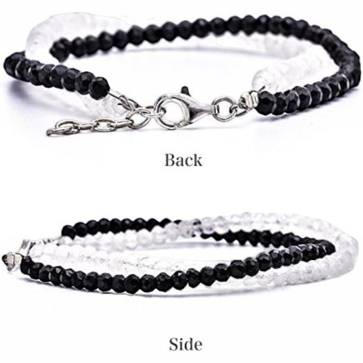 Truelements Jewelry couple pair bracelets featuring 4mm black spinel and blue moonstone beads with sterling silver 925