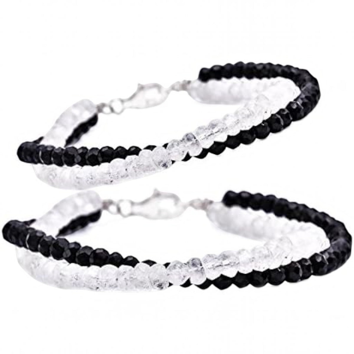 Truelements Jewelry couple pair bracelets featuring 4mm black spinel and blue moonstone beads with sterling silver 925