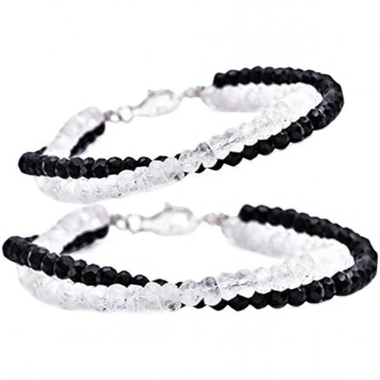 Truelements Jewelry couple pair bracelets featuring 4mm black spinel and blue moonstone beads with sterling silver 925