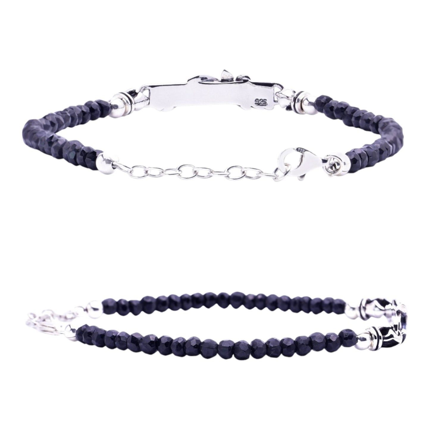 Truelements Jewelry men's bracelet featuring 4mm black spinel beads and oxidized 925 sterling silver arabesque accents