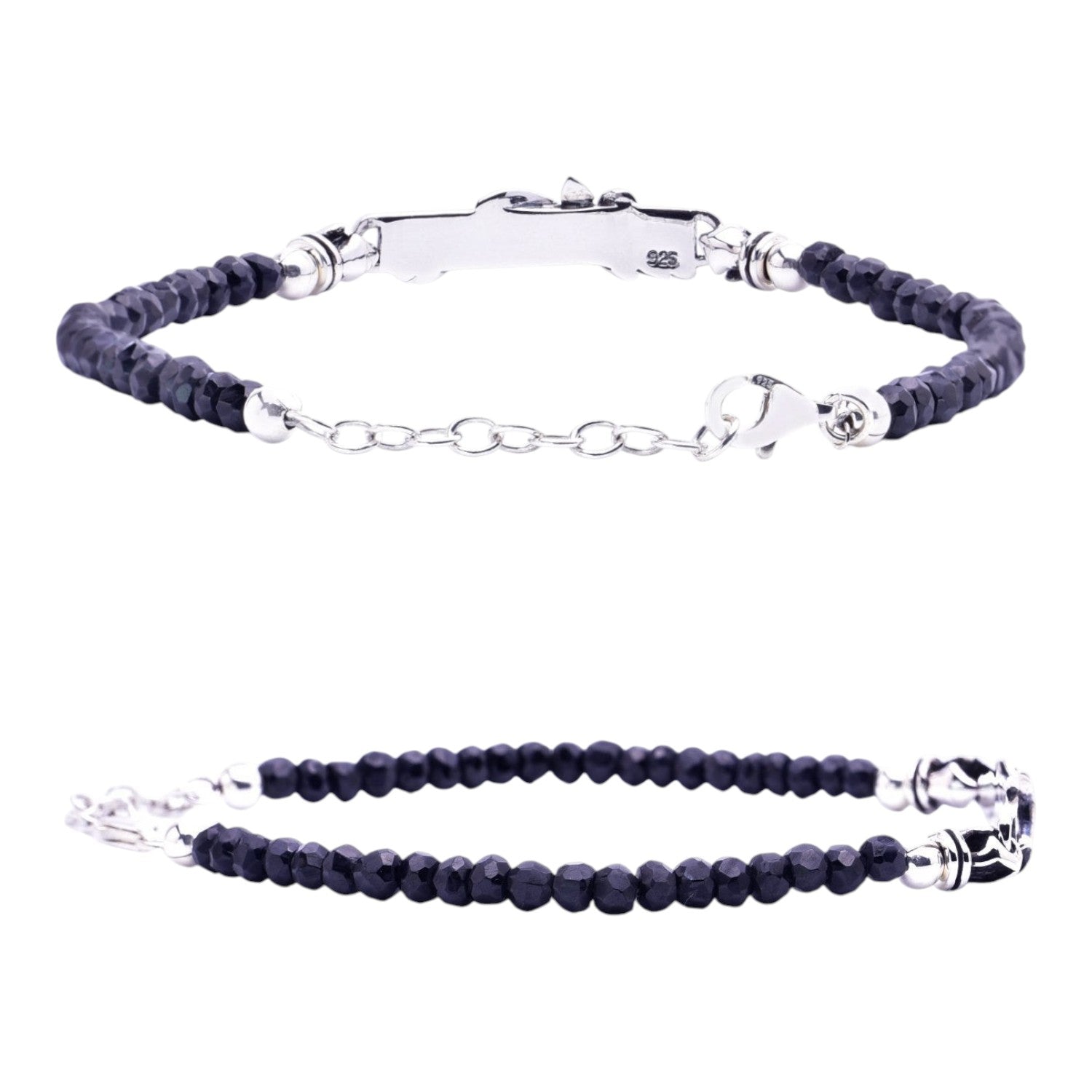 Truelements Jewelry men's bracelet featuring 4mm black spinel beads and oxidized 925 sterling silver arabesque accents