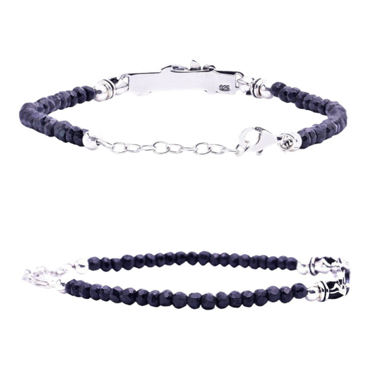 Truelements Jewelry men's bracelet featuring 4mm black spinel beads and oxidized 925 sterling silver arabesque accents