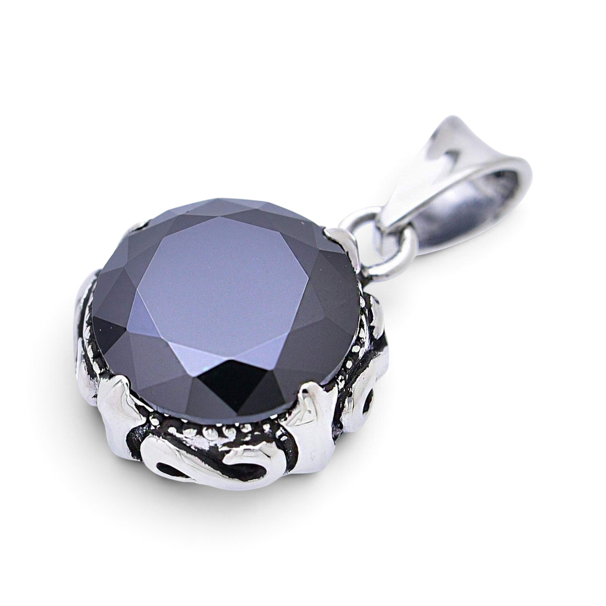 Truelements Jewelry sterling silver pendant featuring a large black zirconia stone in an ornate arabesque crown setting