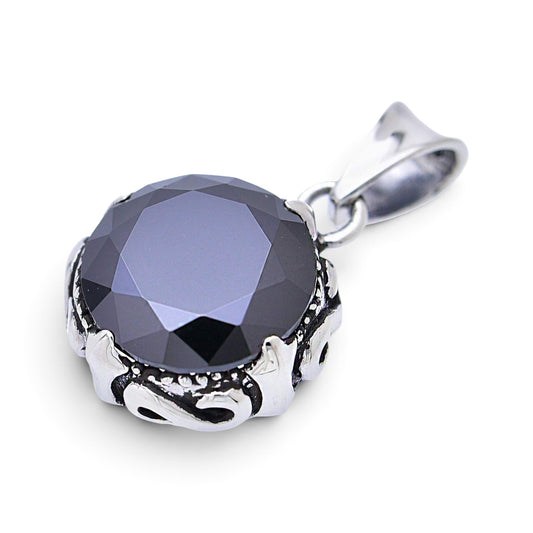 Truelements Jewelry sterling silver pendant featuring a large black zirconia stone in an ornate arabesque crown setting