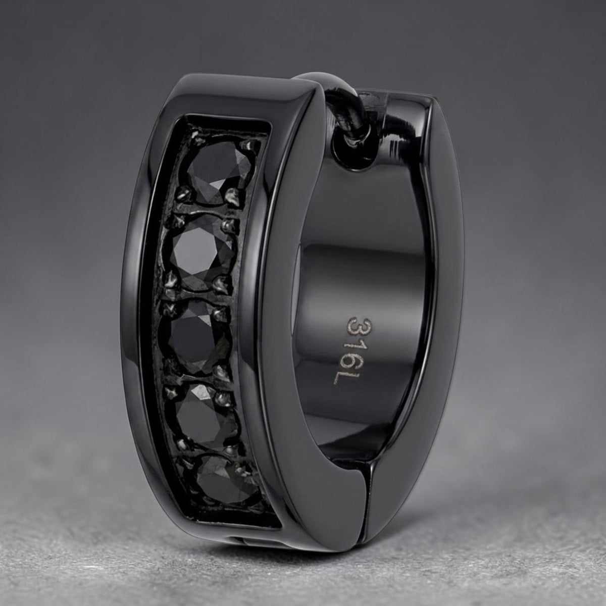Truelements Jewelry men's black surgical stainless steel hoop earring with 2mm black zirconia stones