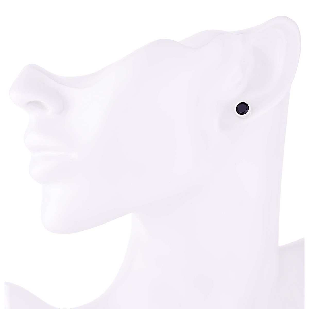 Truelements Jewelry 6mm round black zirconia stud earring in sterling silver worn on a white mannequin ear