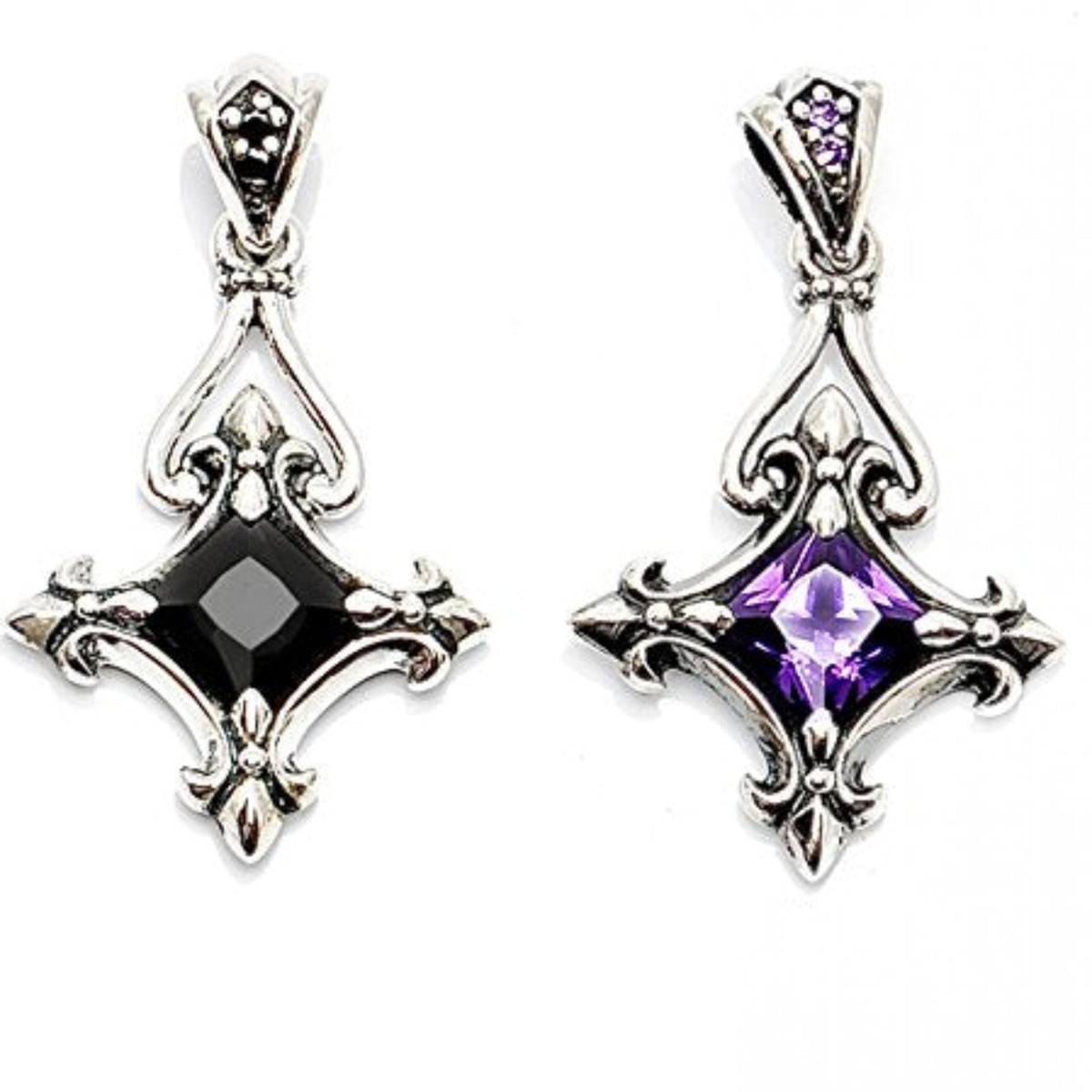 Truelements Jewelry Byzantine cross pendants in sterling silver 925 with black and purple cubic zirconia stones.
