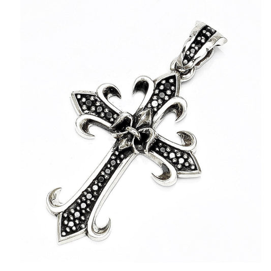 Truelements Jewelry sterling silver Celtic cross pendant with black zirconia and fleur-de-lis detail