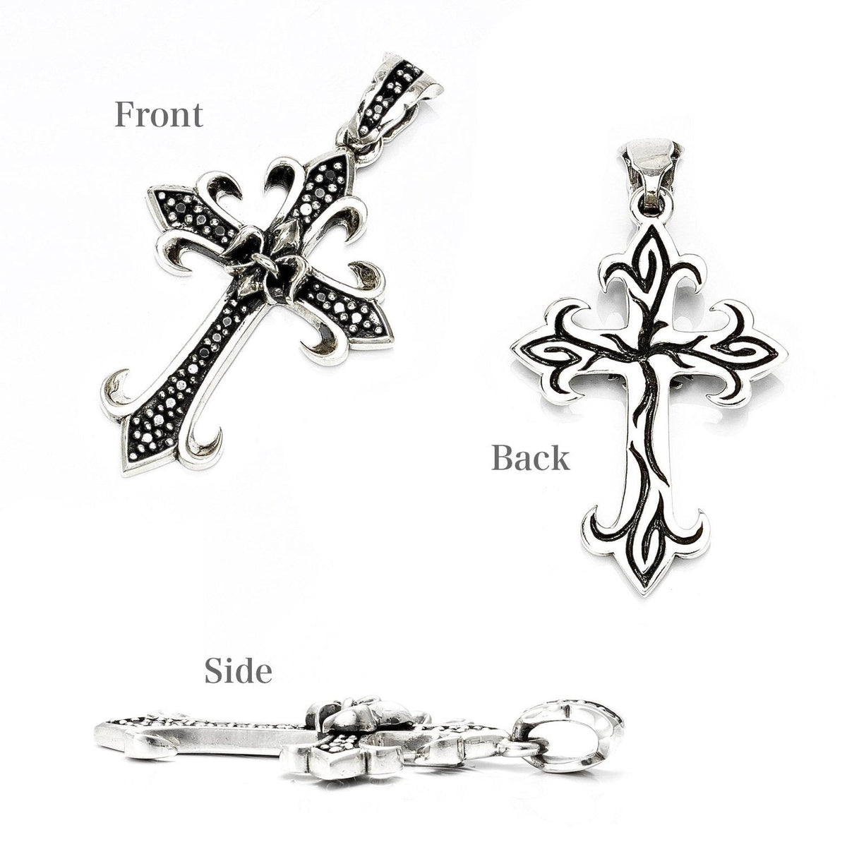 Truelements Jewelry sterling silver Celtic cross pendant featuring black zirconia and fleur-de-lis details.