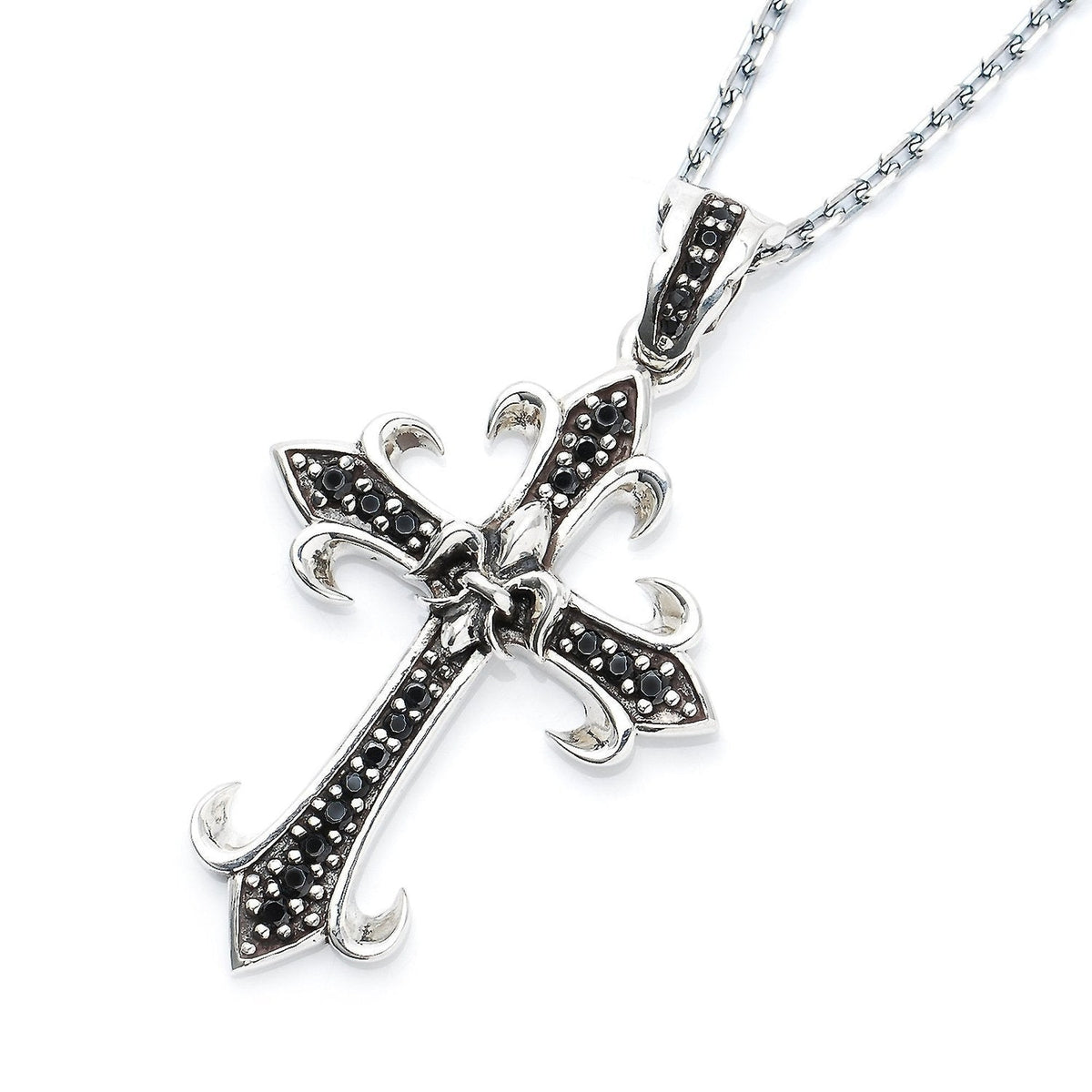 Truelements Jewelry sterling silver celtic cross pendant with black zirconia and fleur-de-lis details on a chain