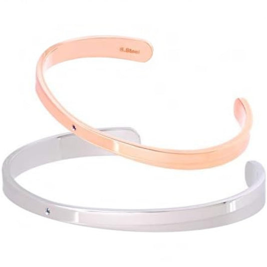 Truelements Jewelry couple pair bangles in silver and pink gold 316L surgical stainless steel with gemstone accents