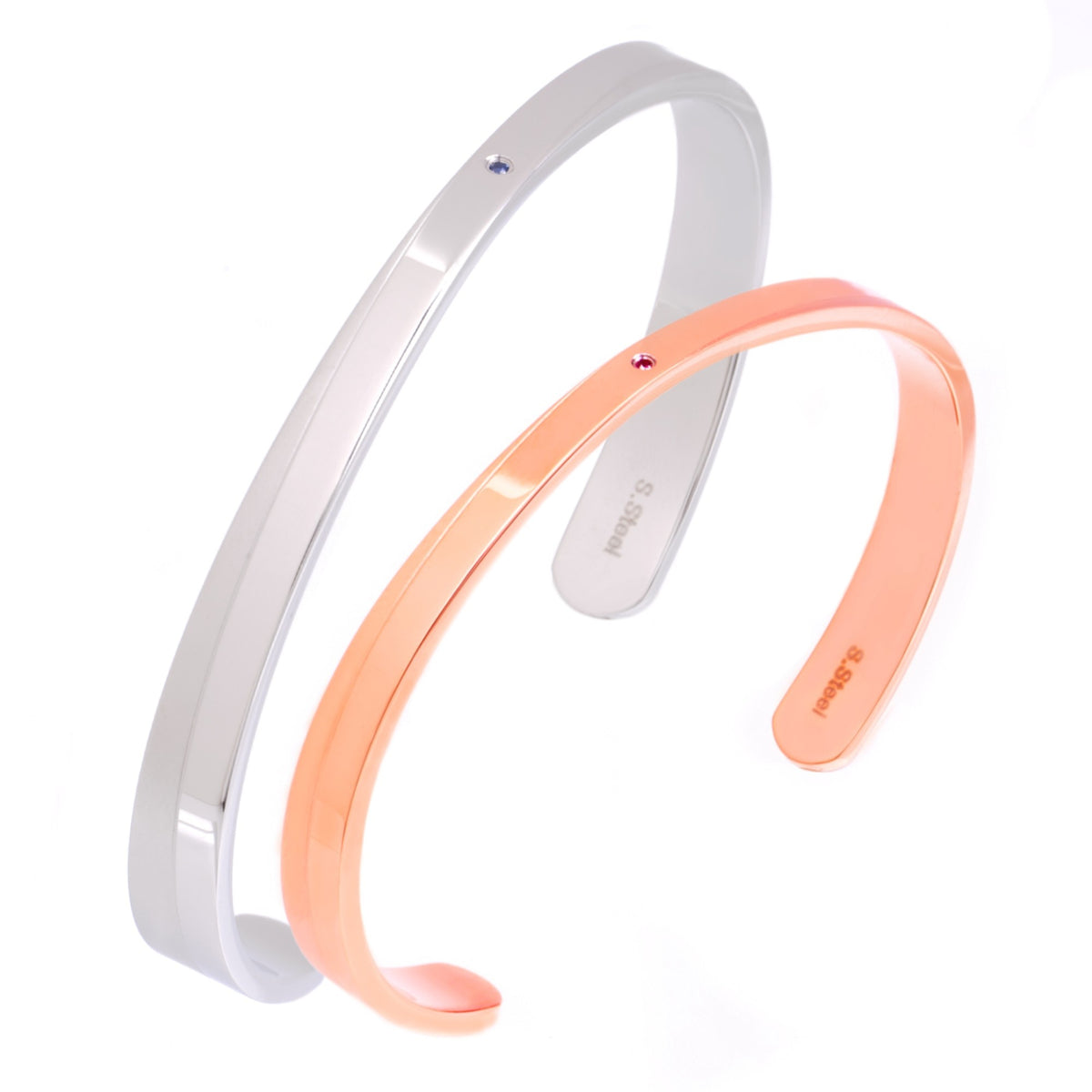 Truelements Jewelry couple pair bangles in silver and pink gold 316L stainless steel with sapphire and ruby accents