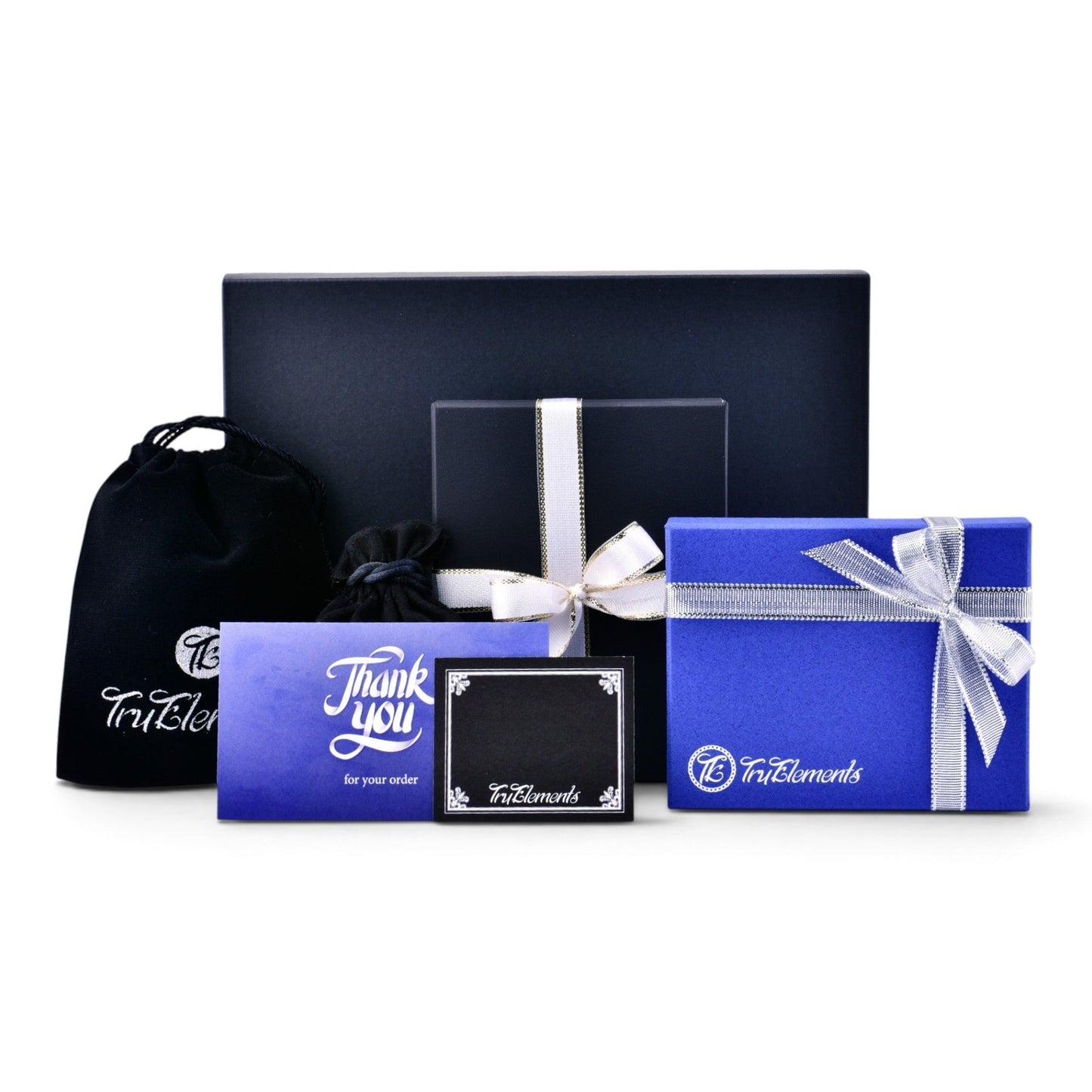 Truelements Jewelry branded gift boxes, velvet pouch, and thank you card for premium silver jewelry packaging