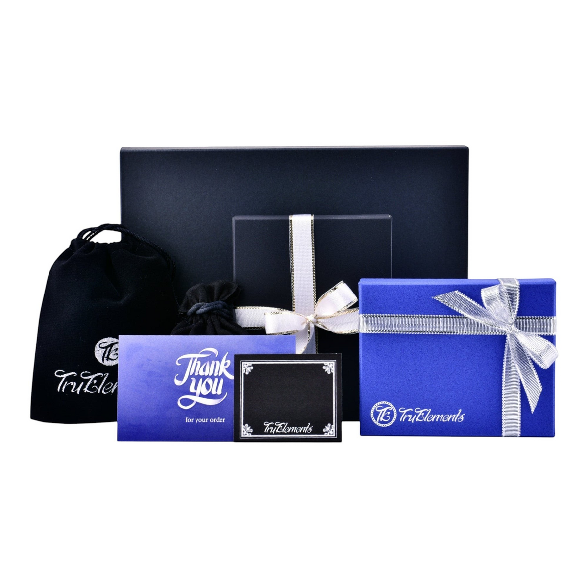 Truelements Jewelry branded gift boxes, velvet pouches, and thank you card for jewelry packaging