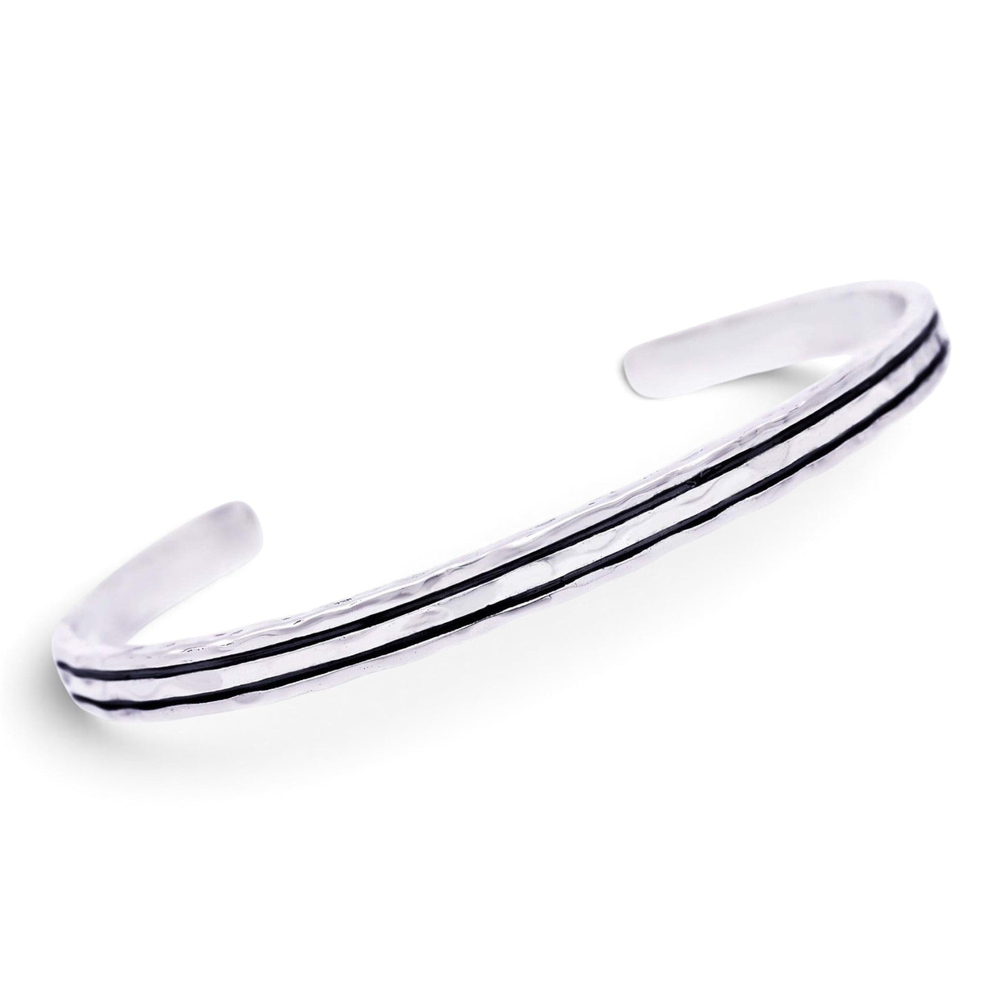 Truelements Jewelry men's sterling silver 925 cuff bangle with a textured hammered finish and oxidized details
