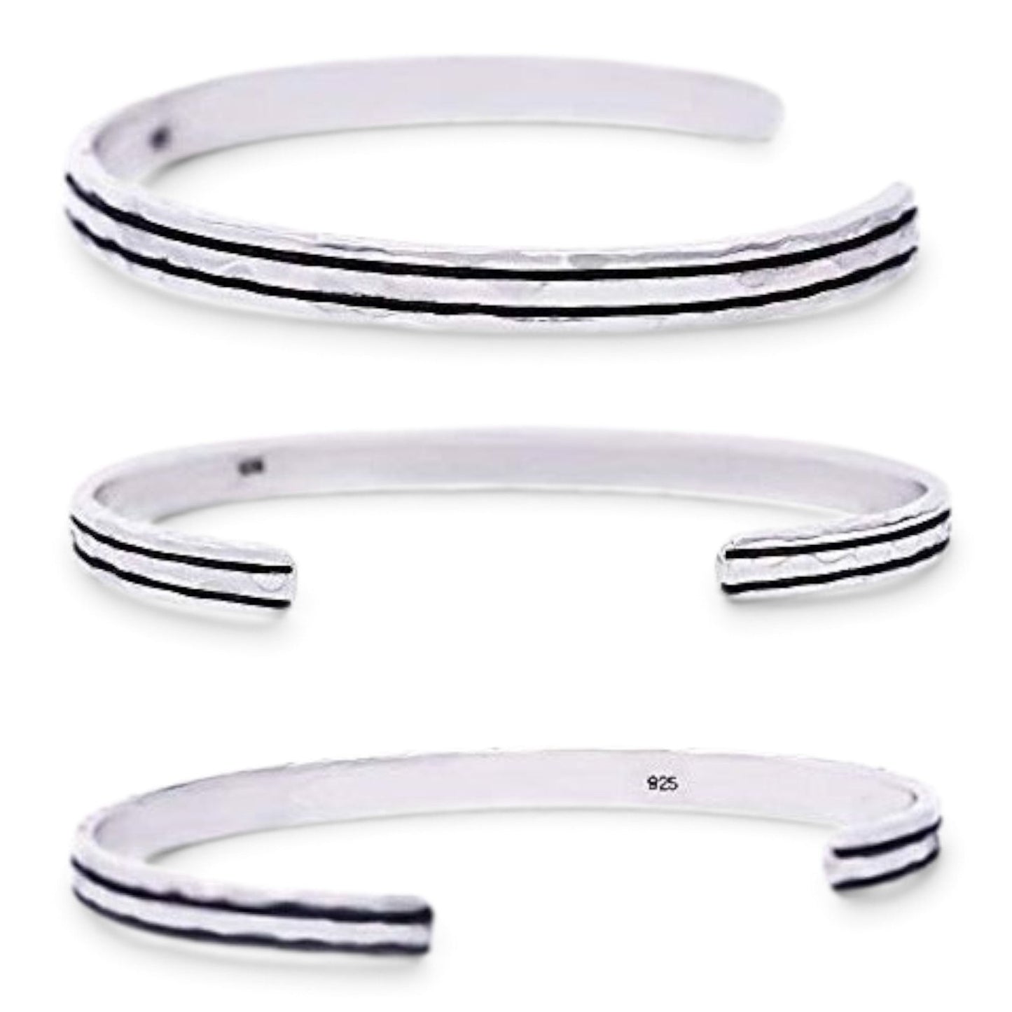 Truelements Jewelry men's sterling silver 925 cuff bangle with a hammered texture and oxidized finish