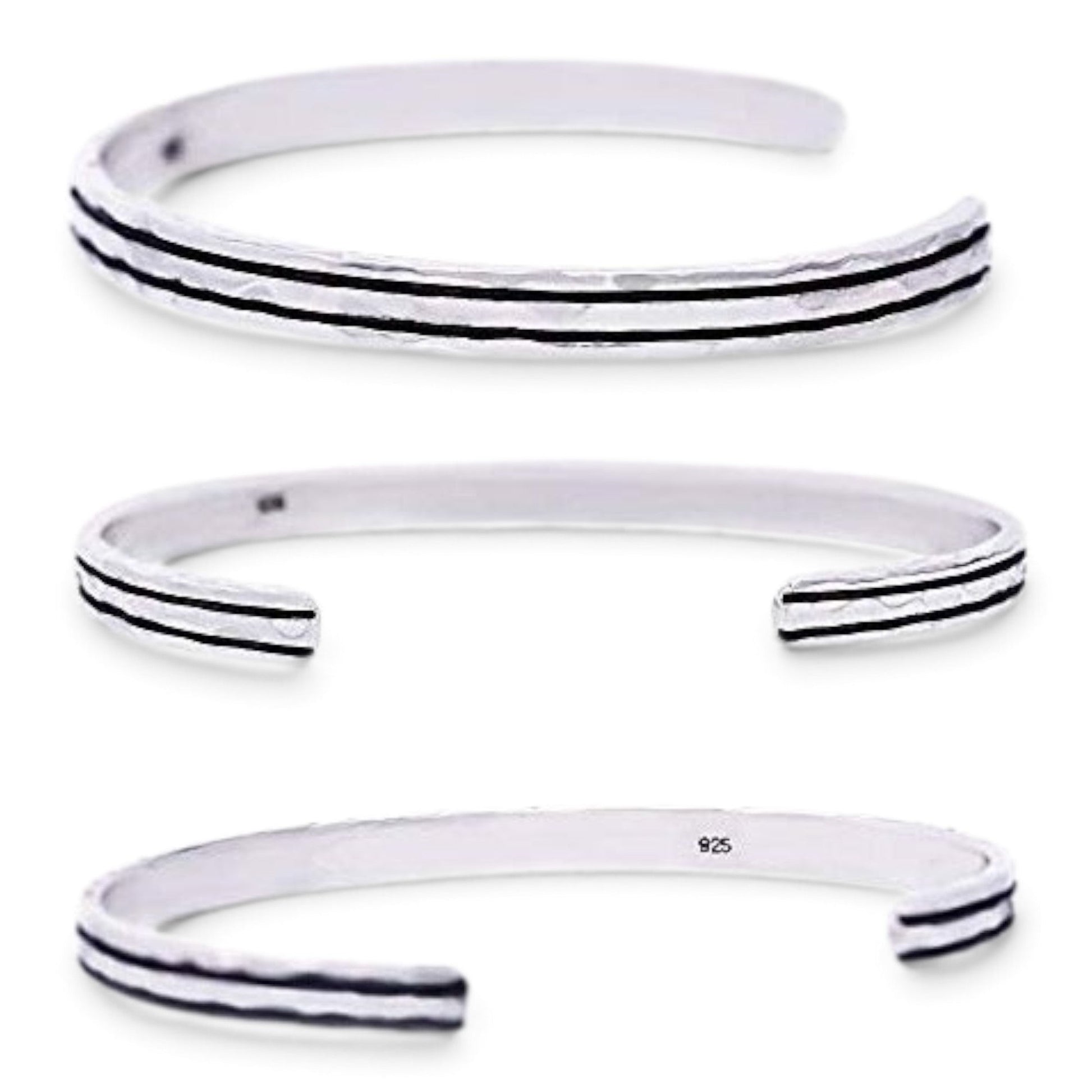 Truelements Jewelry men's sterling silver 925 cuff bangle with a hammered texture and oxidized finish