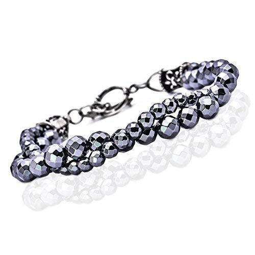 Truelements Jewelry men's bracelet featuring faceted hematite beads, sterling silver accents, and black zirconia.