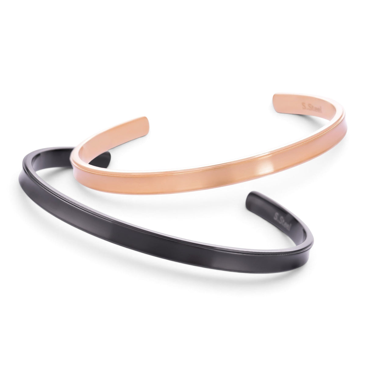 Truelements Jewelry men's minimalist bangles in matte black and rose gold 316L surgical stainless steel