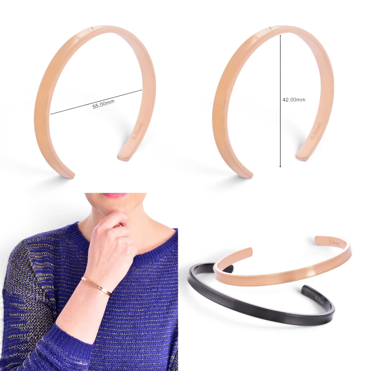 Truelements Jewelry matte pink gold 316L surgical stainless steel bangle worn on a woman's wrist